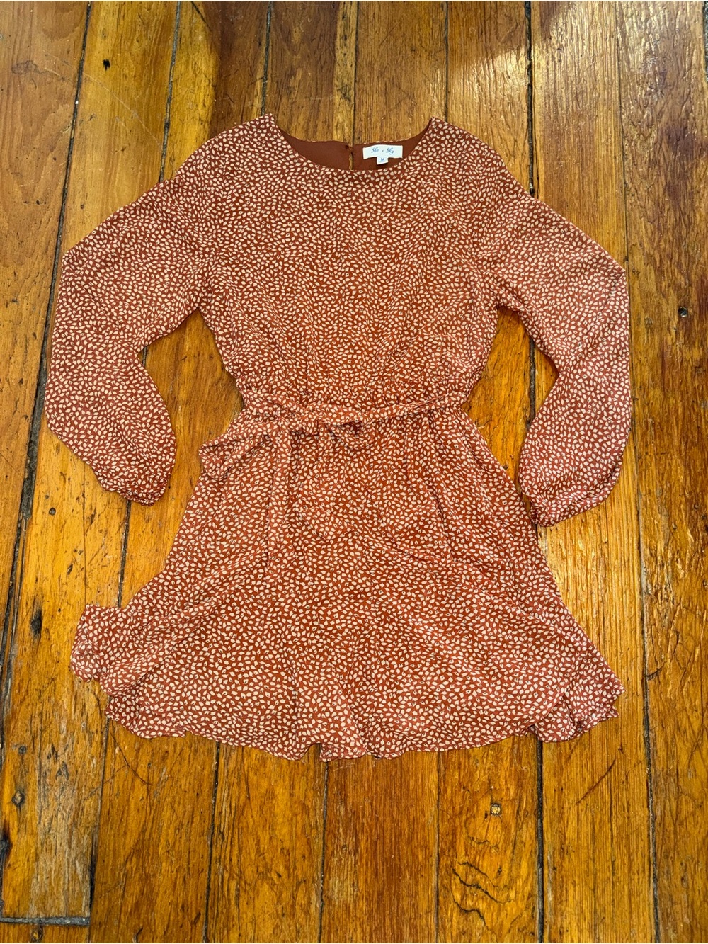 Rust Printed Long Sleeve Dress Tie Waist Size M